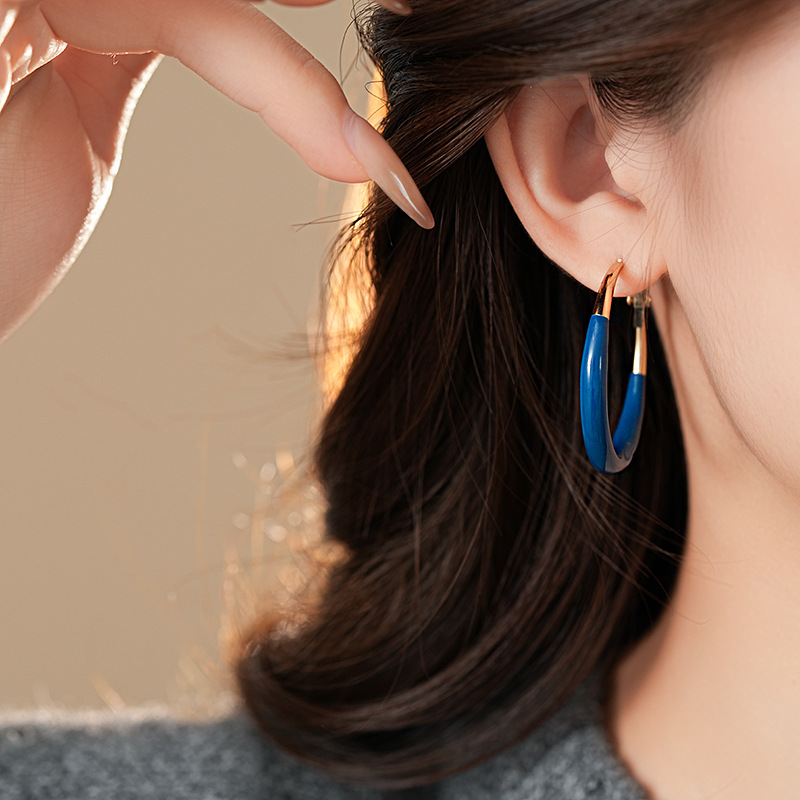 银针跨境蓝色滴油圆形耳环时尚潮流欧美风耳圈夸张设计感耳饰批发详情6