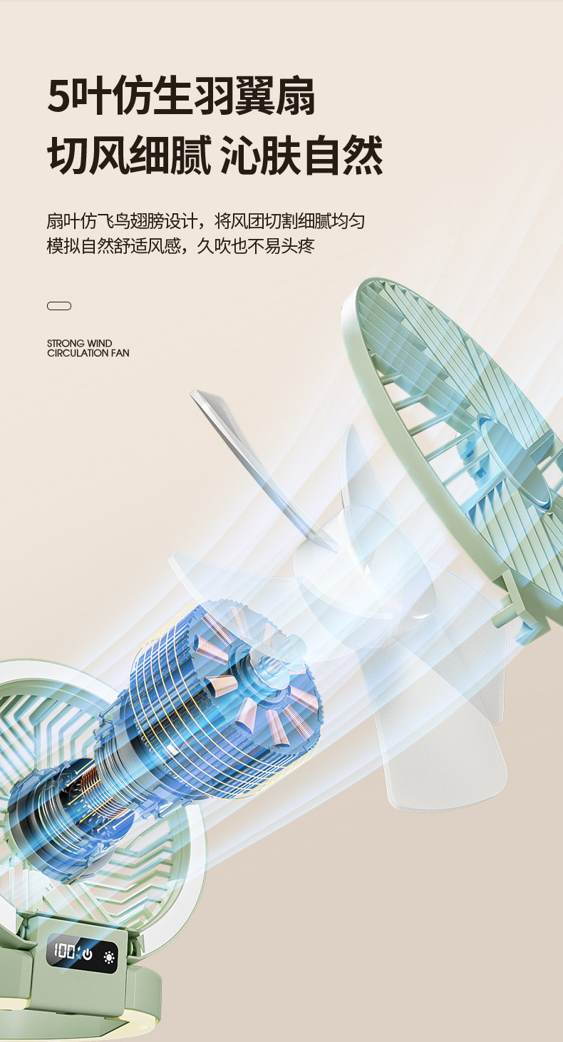 新款家用台扇宿舍露营数显超薄迷你风扇折叠式小夜灯支架风扇M141详情11