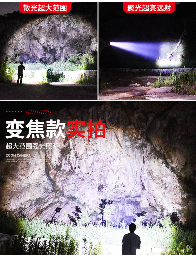 跨境XHP70强光手电筒可充电野外安保巡逻充电宝输出铝合金usb变焦详情25