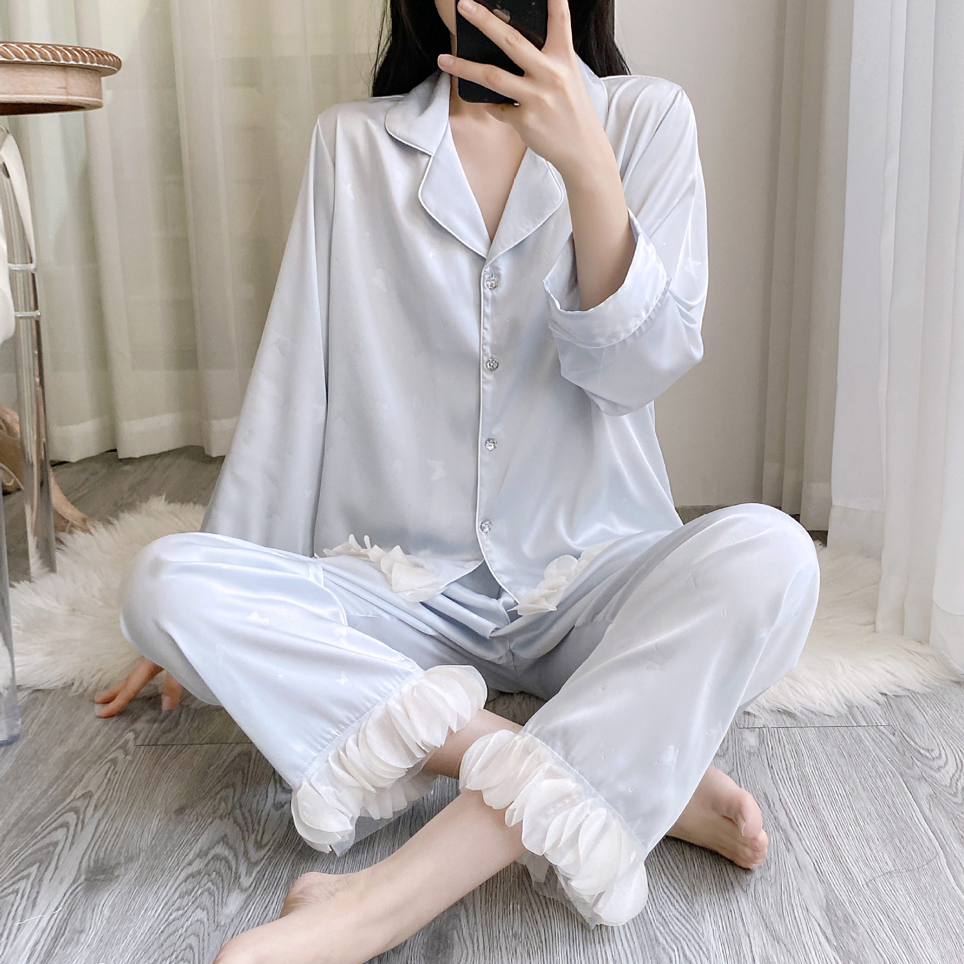 Ice silk pajamas for women Spring and autumn long-sleeved two-piece set, high-end French butterfly print with chiffon lace home wear pic 2