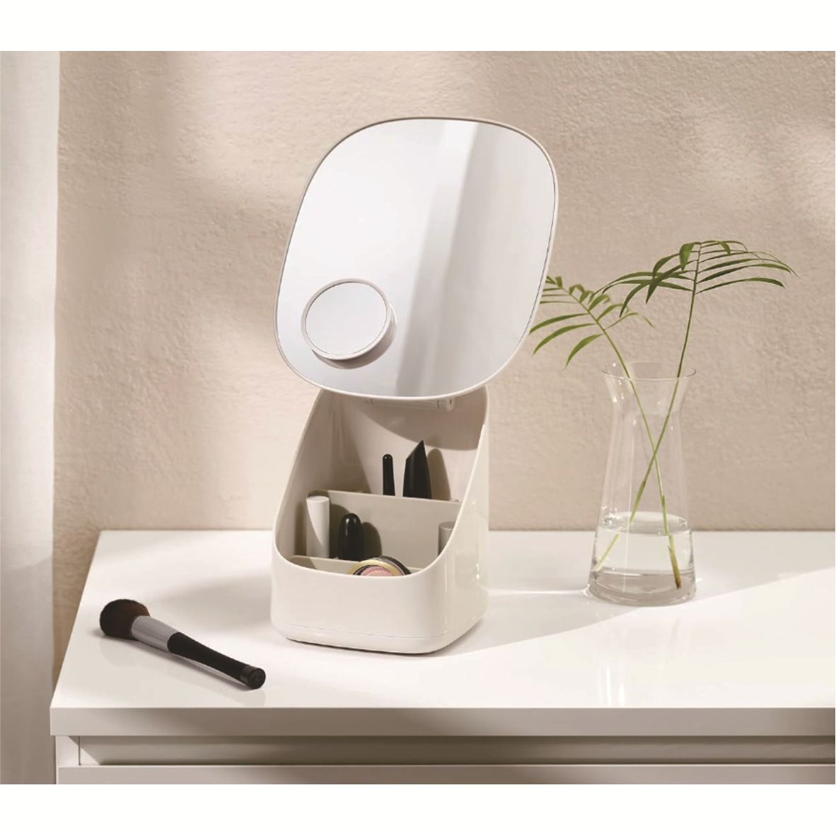 米白色多功能化妆镜收纳盒双面LED镜子便携小镜子整理收纳用品详情3
