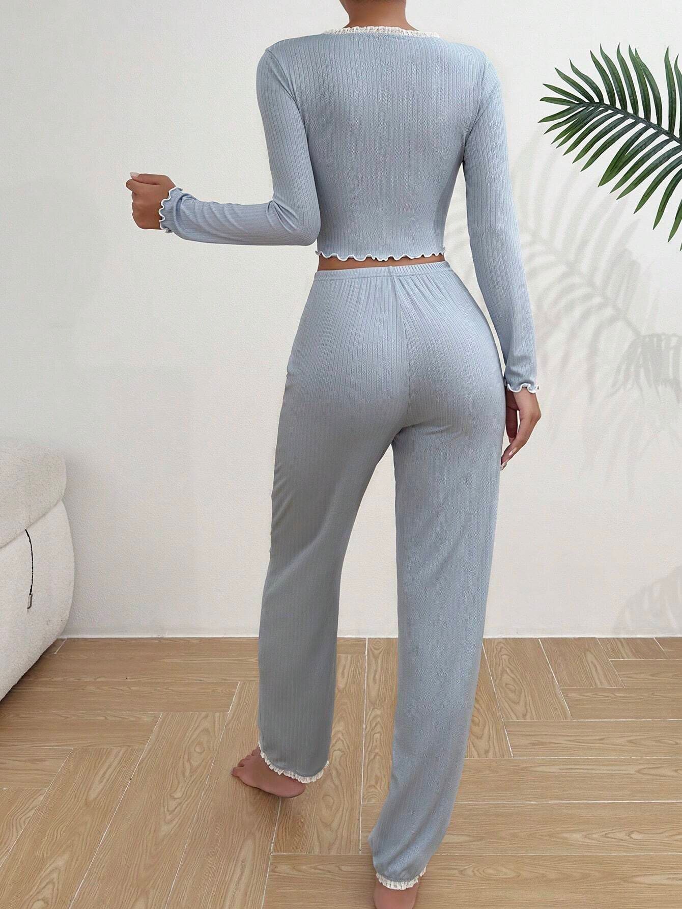 亚马逊temu热销TK欧美家居服睡衣长袖长裤修身性感花边睡衣套装详情3