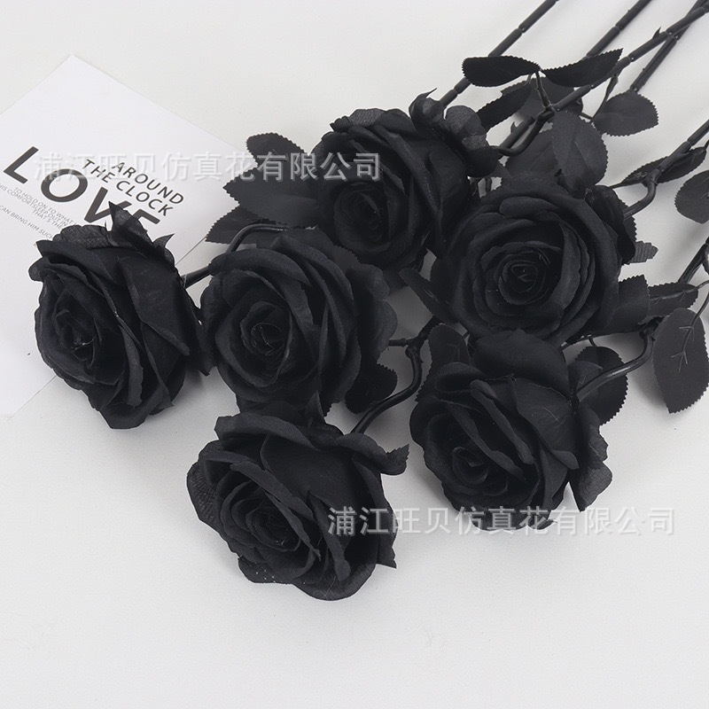 跨境热销仿真黑色玫瑰花万圣节鬼节装扮假花哥特风黑暗系列花材详情1