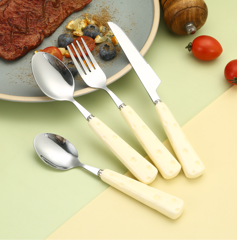 Stainless steel cheese tableware set, knife, fork, spoon, dessert spoon, light luxury ceramic handle, new style, cute girl, high appearance level pic 18