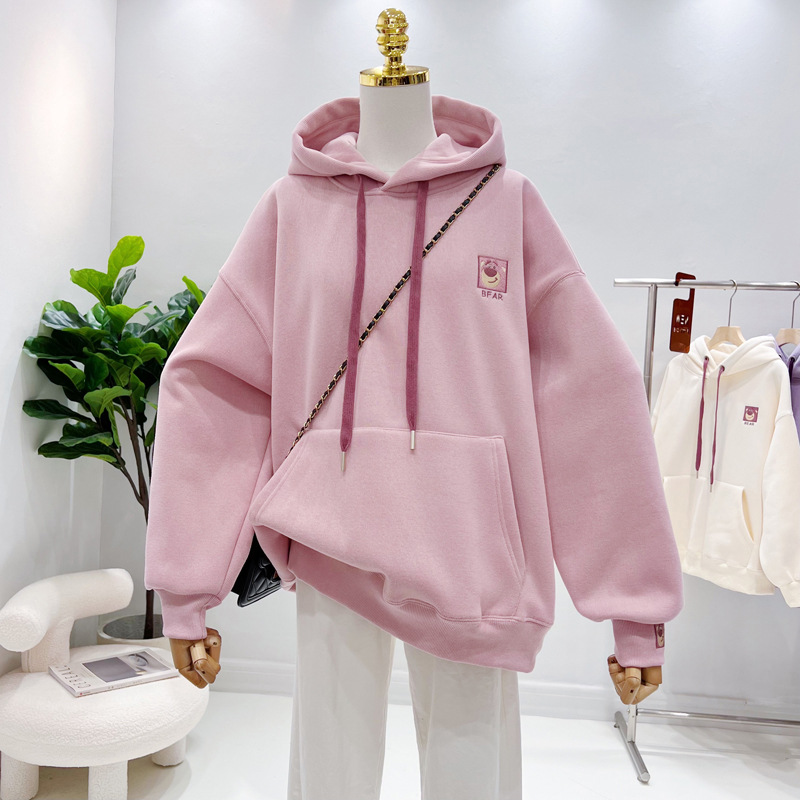 奶系加绒加厚刺绣小熊可爱连帽衫卫衣女秋冬vintage减龄宽松上衣详情1