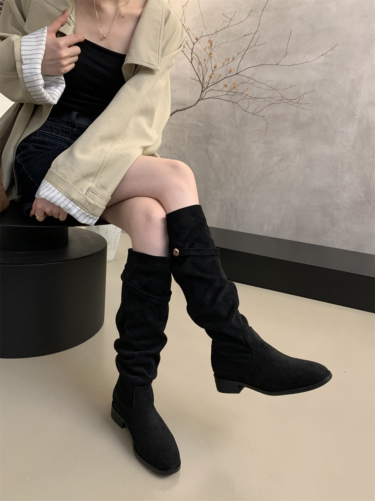 绒面瘦瘦靴卡其色堆堆骑士靴女2025新款秋冬季显瘦高筒粗跟长靴子详情9