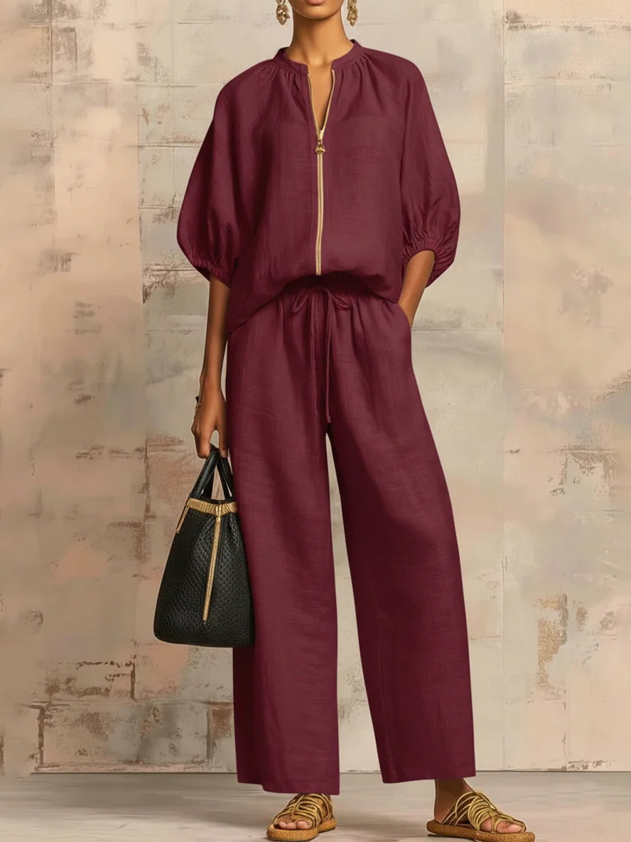 2026 Summer New European and American cross-border women's clothing export casual Loose solid color zipper round neck wide-leg pants set for women pic 8