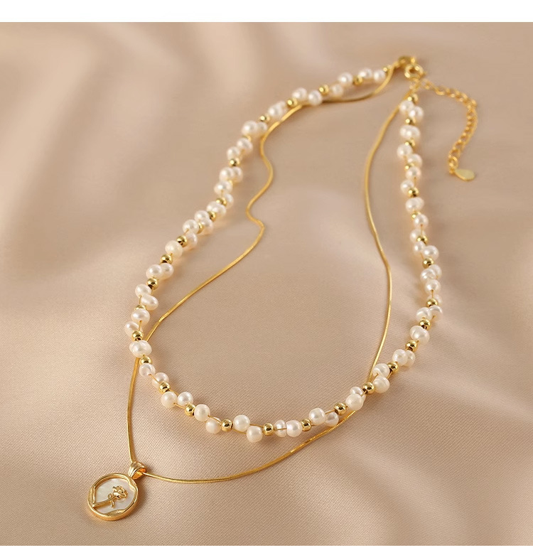 淡水珍珠双层叠戴链滴油玫瑰花项链交叉编织小颗粒淡水珍珠锁骨链详情9