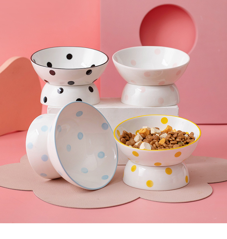 Customized Hepburn-style polka dot cat bowl, ceramic high-legged spine protection pet bowl, slanted cat basin, easy-to-clean ceramic food bowl pic 12