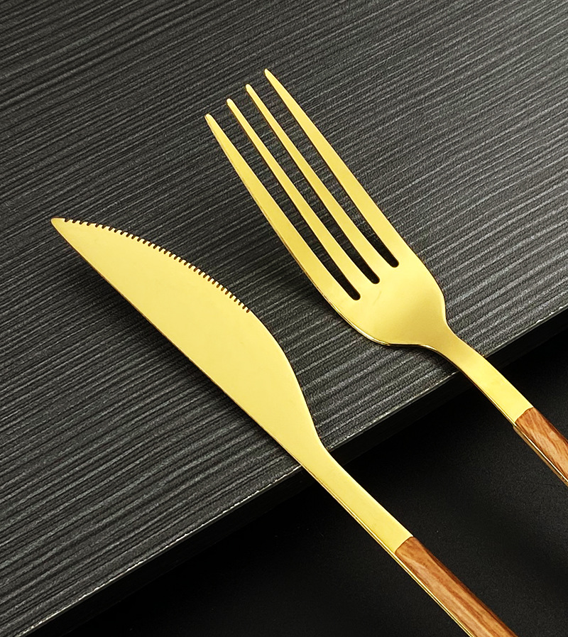 批发不锈钢仿木柄刀叉勺西餐餐具日式餐具牛排刀叉五件套木纹餐具详情8