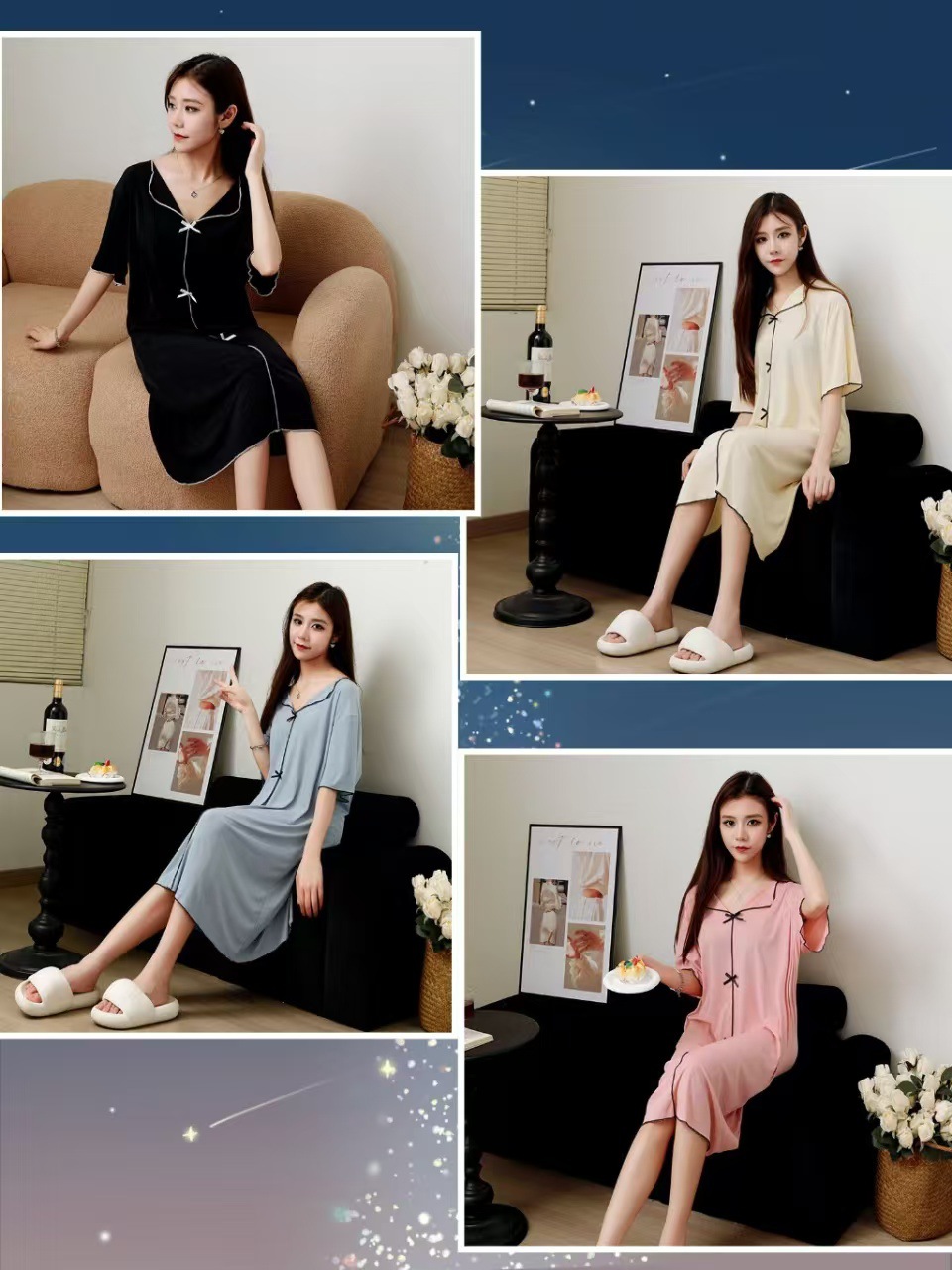 现货连体仙女风冰丝新款裙子螺纹翻领短袖睡裙女连衣裙宽松家居服详情2