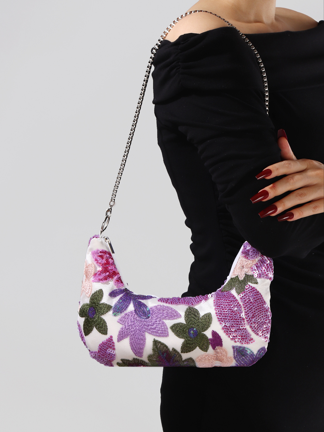 跨境新款亮片刺绣花卉晚宴包单肩包优雅女包时欧美尚潮流斜挎包包详情3