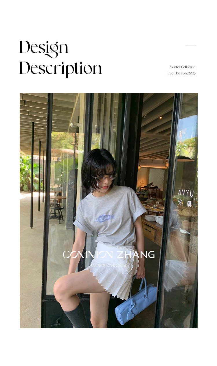 CZ ZHANG Summer Korean style laid-back casual simple printed shoulder loose round-neck short-sleeved T-shirt for women B20777 pic 2
