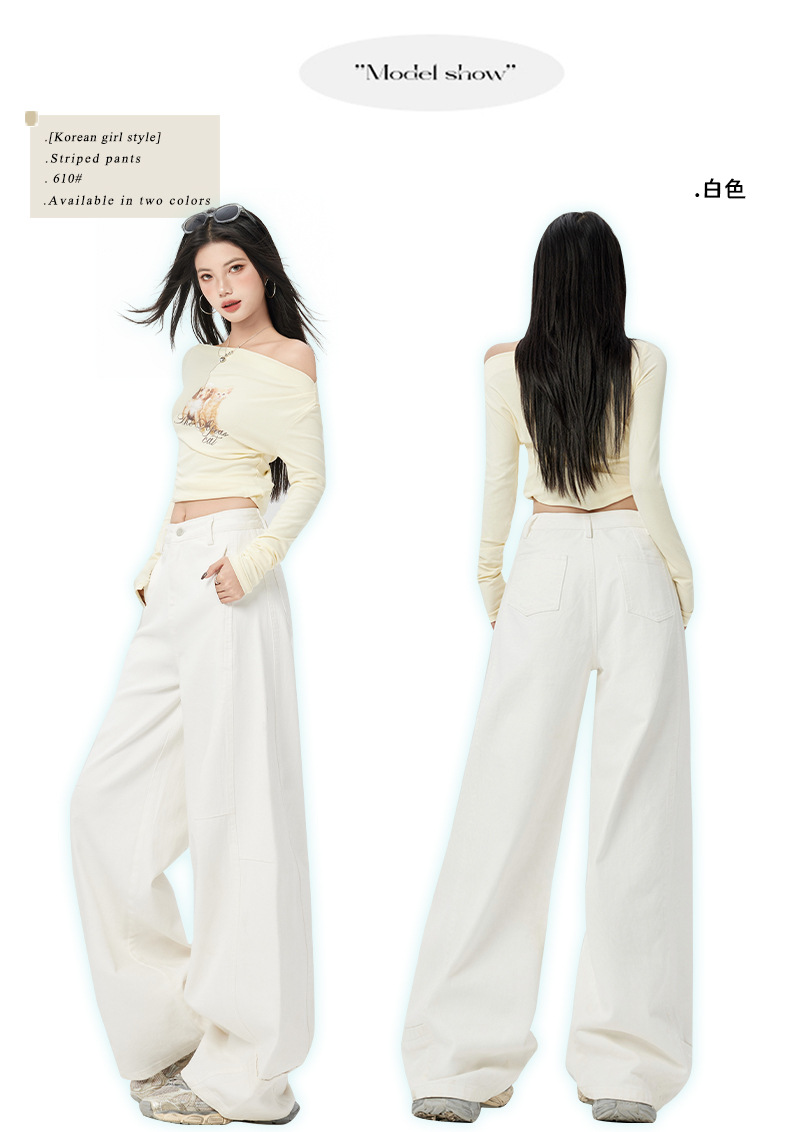 橙绢女装#美式复古压褶阔腿弯刀裤春季新款浅卡其高腰显瘦牛仔裤详情15