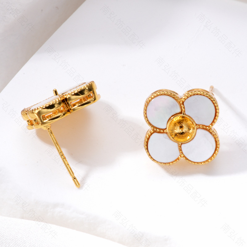Pearl ring, earneedle pendant, three-piece set, empty stand, four-petal flower, white butterfly shell design, DIY light luxury original jewelry pic 7