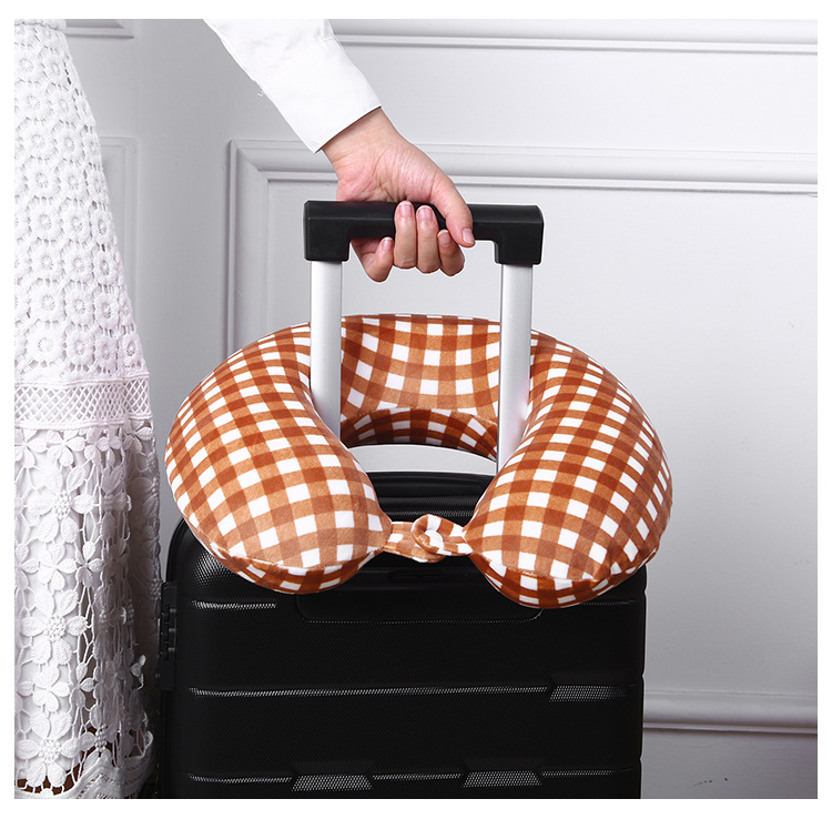 素色格子U型枕慢回弹记忆棉护颈枕旅行户外汽车u形枕头旅行便携详情11