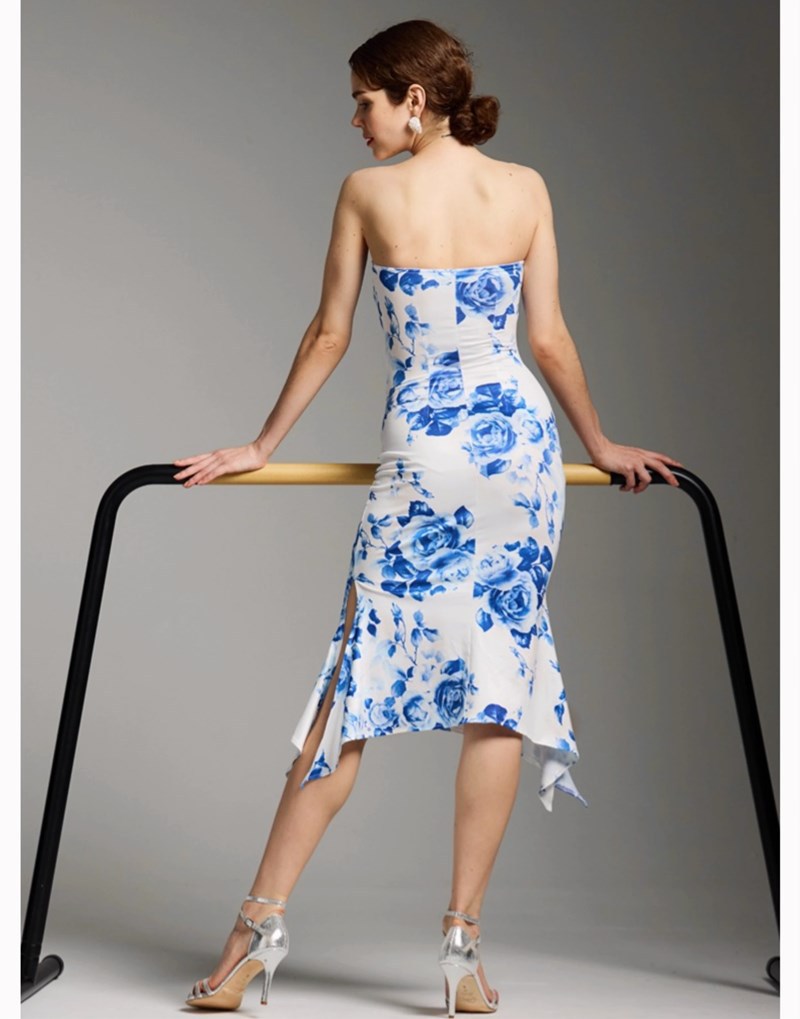 New Chinese-style slimming off-the-shoulder printed dress, blue and white porcelain body-hugging fishtail dress, sexy slit dance dress for socialite pic 11