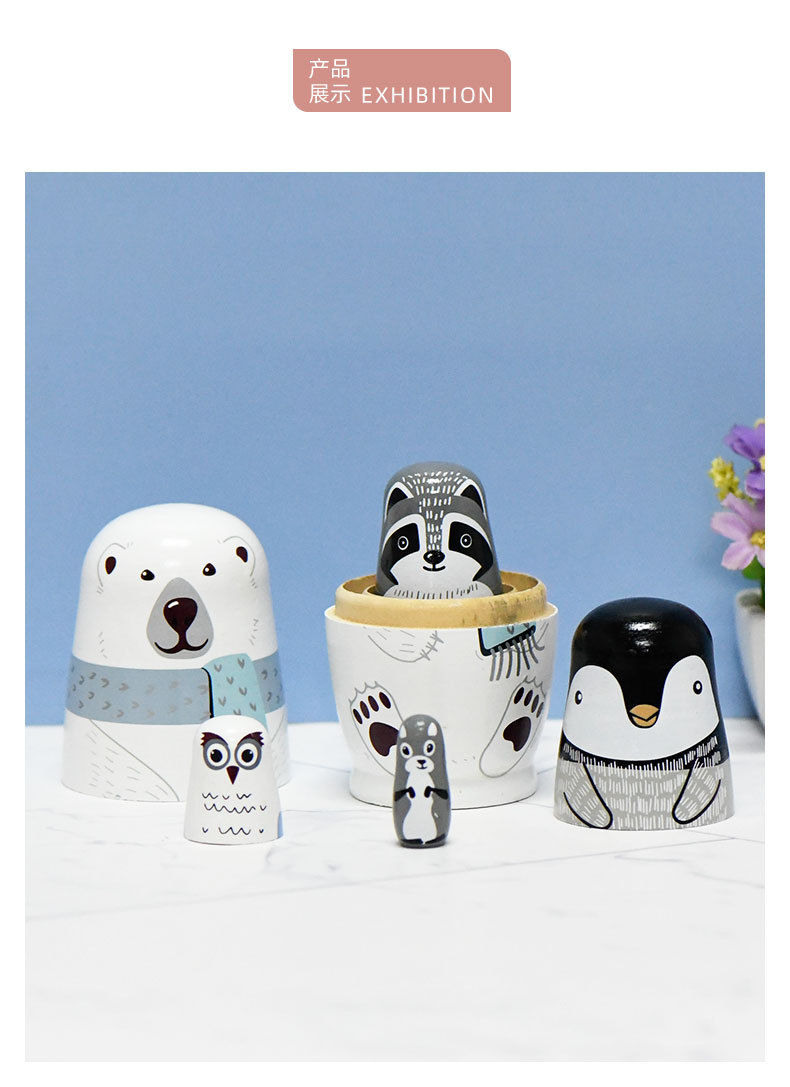 Russian Matryoshka dolls, five-layer polar bear and penguin Matryoshka dolls, holwood ground painted decorative items, wooden handicrafts in stock pic 4