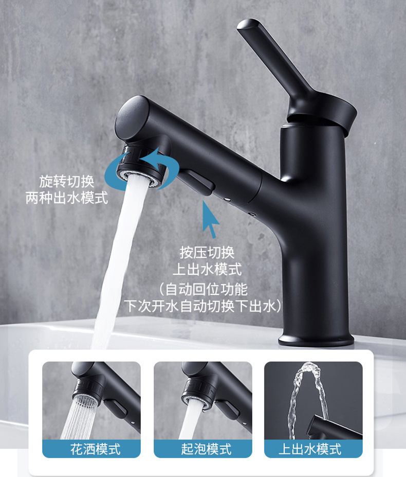 铜面盆抽拉水龙头家用 洗脸洗手盆冷热伸缩抽拉可洗漱烤漆水龙头详情11