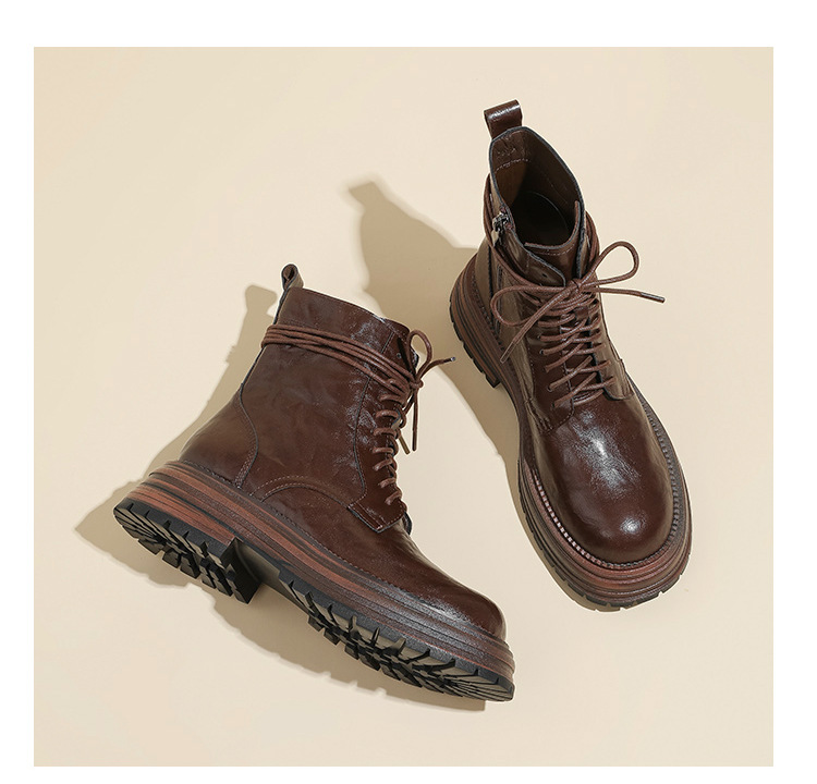 英伦复古系带厚底马丁靴秋冬季单靴精致手抓纹粗跟短靴女机车靴子详情35