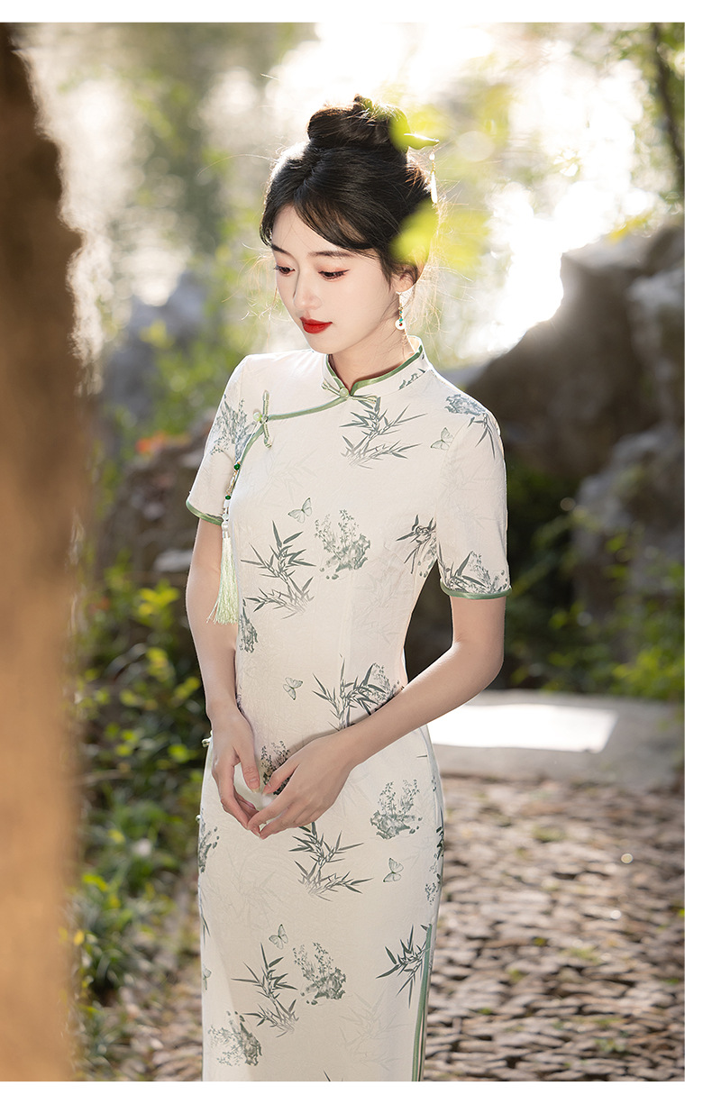 国潮富贵竹绿色旗袍长款 新中式改良短袖年轻款 日常高考送考旗开得胜详情12