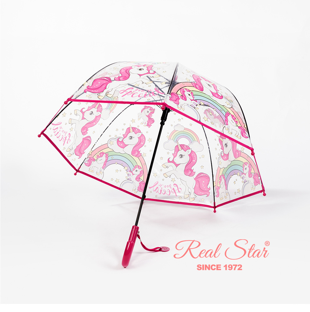 25新款儿童彩色公主伞带包边可爱透明塑料印刷独角兽雨伞现货批发详情13
