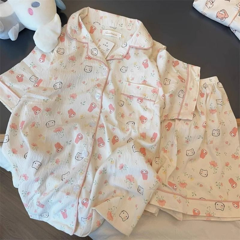 Pajama Women Summer Cloud Cotton 2024 New Style sweet and cute cardigan casual short-sleeved and short-shorts home wear set pic 41