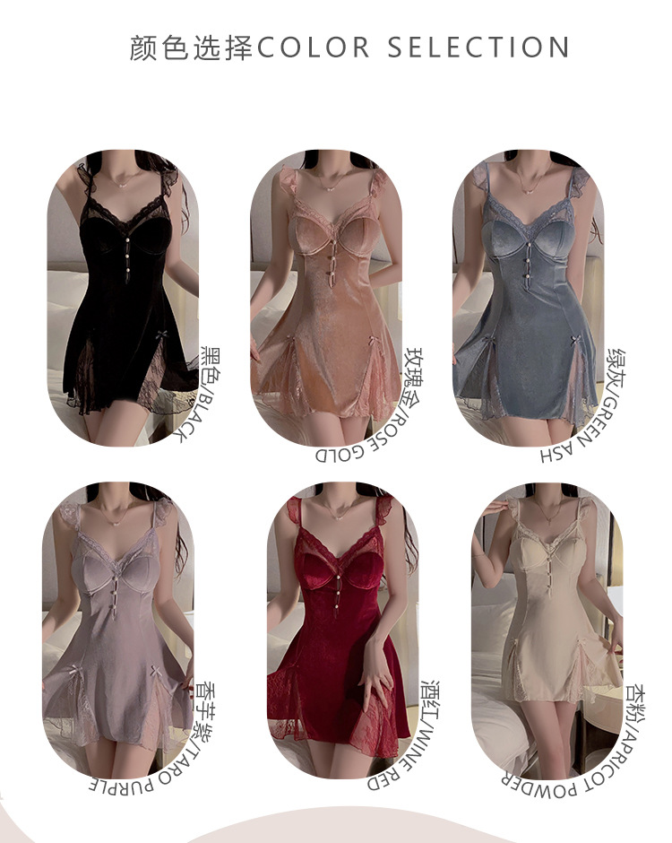 A seductive lace see-through deep V with a chest cushion, a sweet sleeping dress, an outer robe and velvet home wear set 3908 pic 8