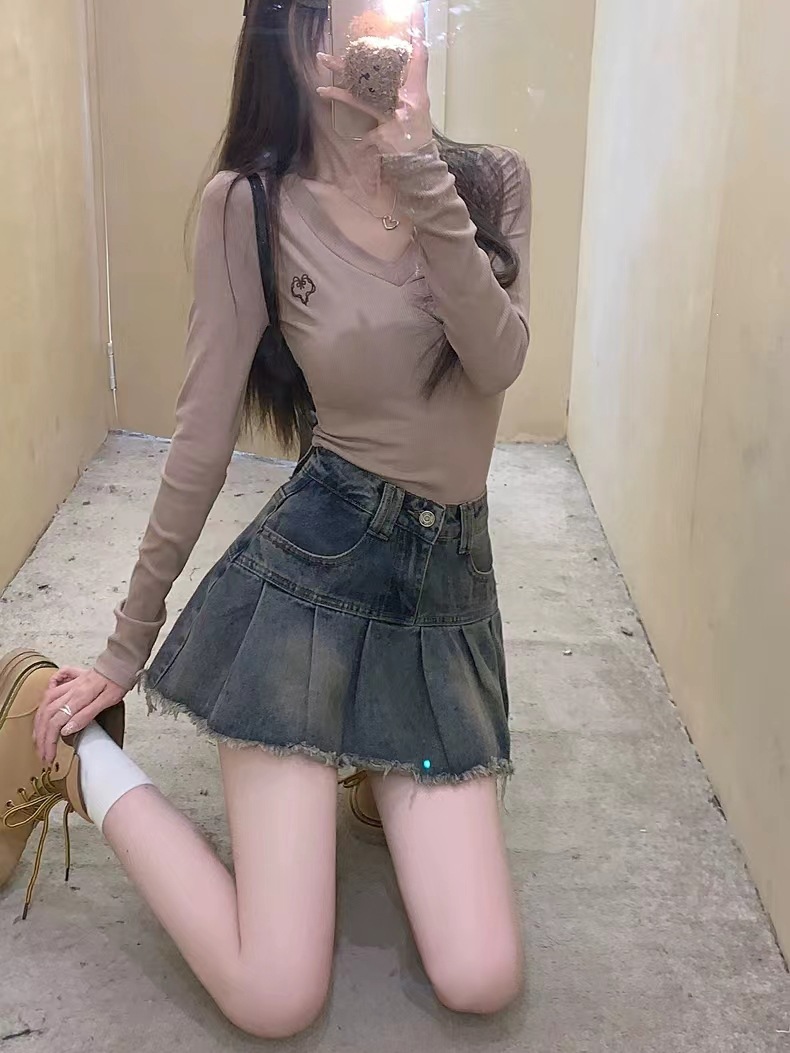 辣妹复古百褶牛仔半身裙女2024新款夏季高腰a字防走光包臀短裙子详情10