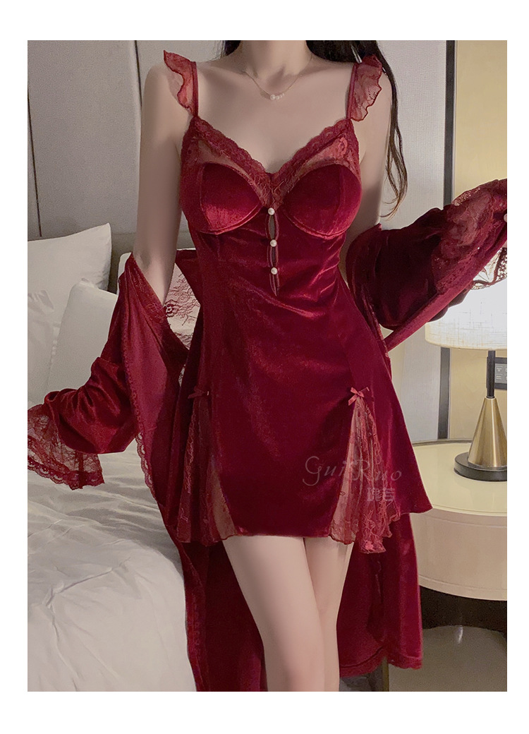 A seductive lace see-through deep V with a chest cushion, a sweet sleeping dress, an outer robe and velvet home wear set 3908 pic 25