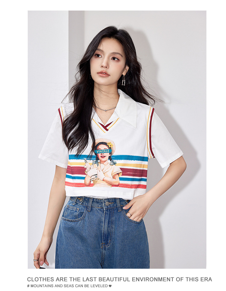 G9068假两件衬衫女装2024夏女孩印花彩绘韩版设计感别致短袖上衣详情12