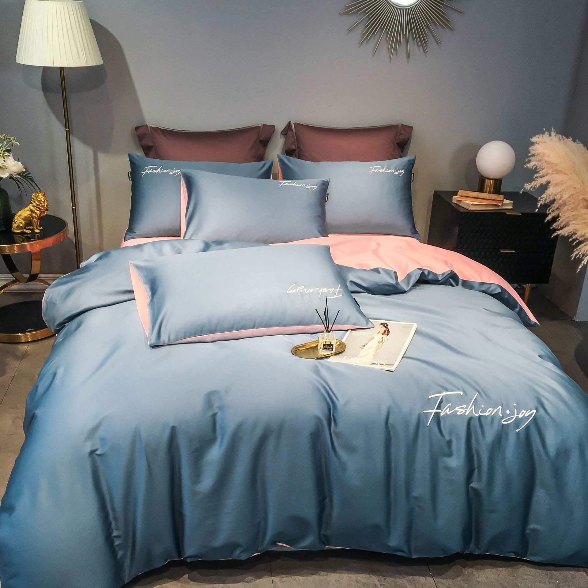 Wholesale from the factory: simple solid-color 60-piece brocade long-staple cotton embroidered four-piece set, color-blocking all-cotton Nordic bedding pic 9
