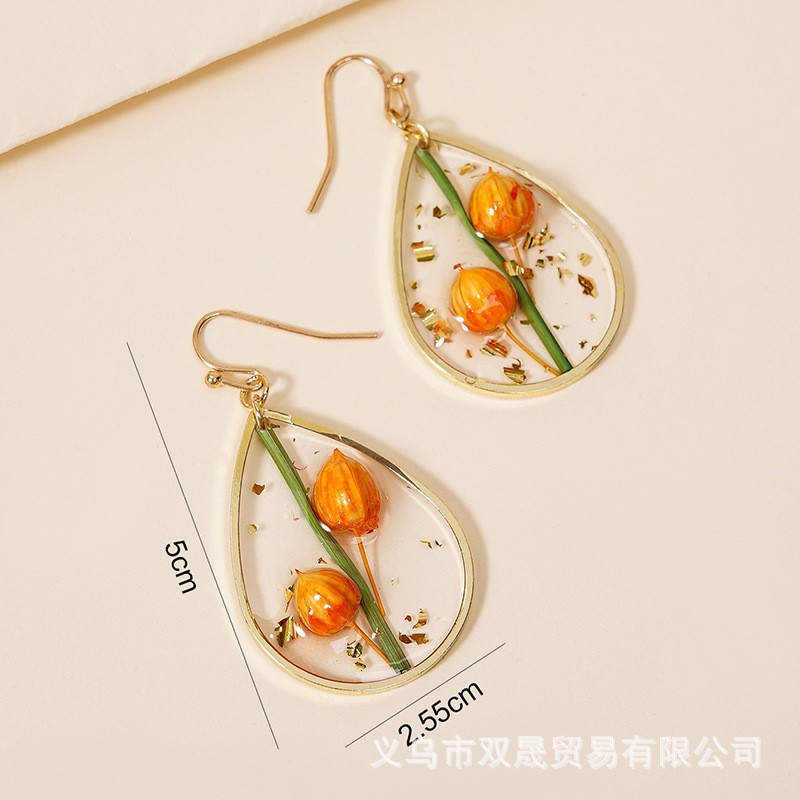 日韩清新甜美滴胶树叶永生花耳环 优雅精致水滴形红干花高级耳饰详情13
