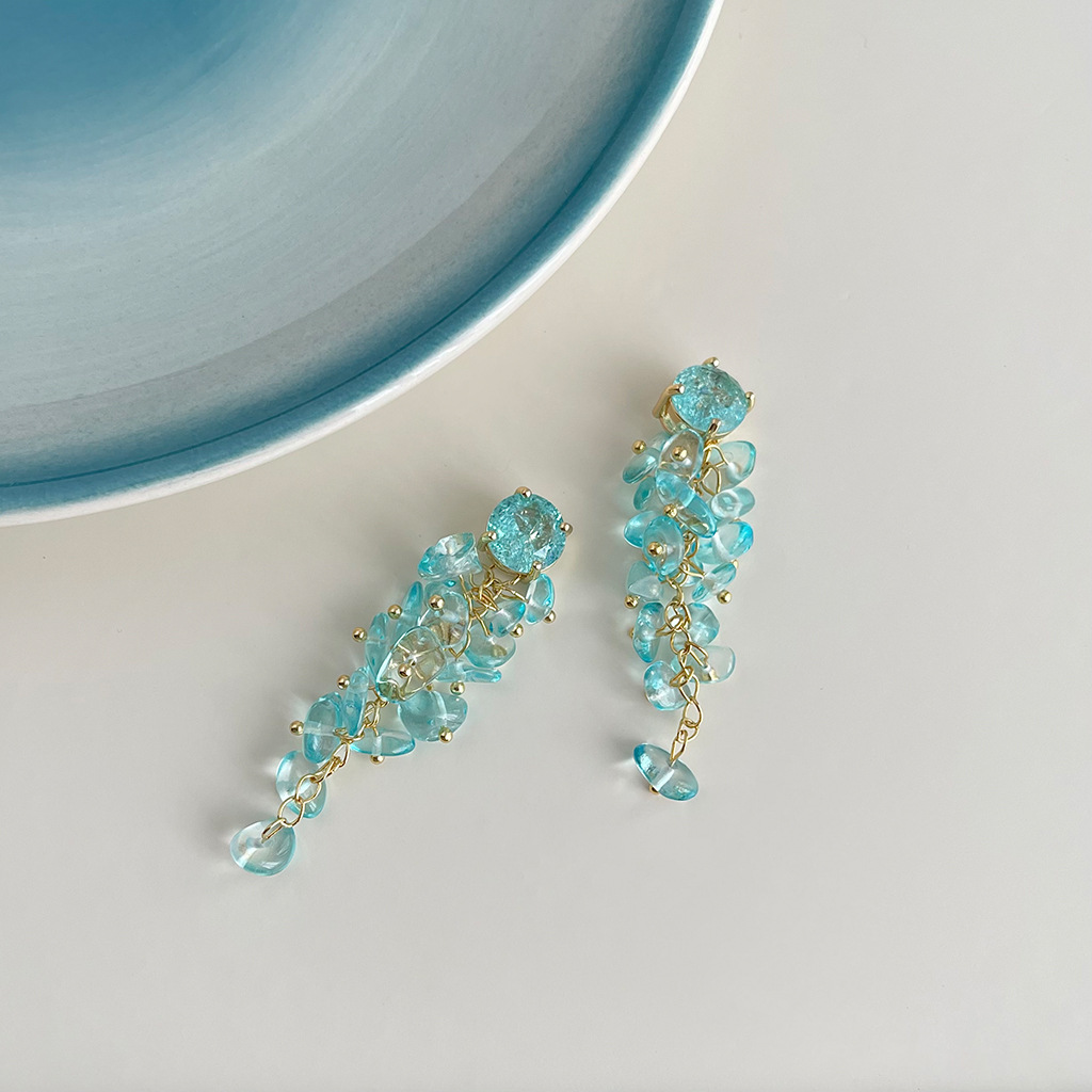 【 Ocean Series 】 Original design, handcrafted long tassel glass crystal earrings, elegant and sweet earrings pic 3