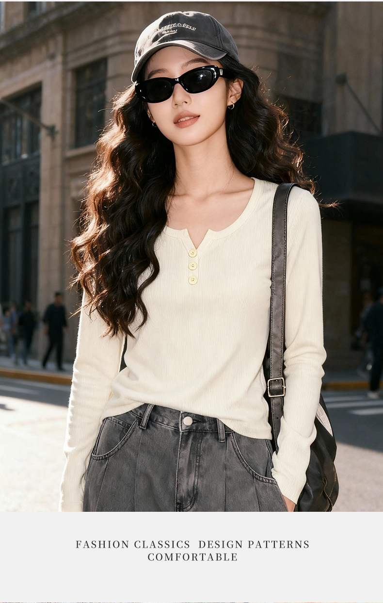 Factory wholesale semi-open round-neck T-shirt for women 2026 new Spring and autumn style slimming top long-sleeved versatile base layer pic 16