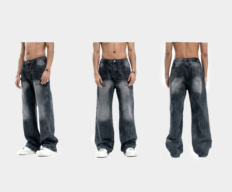 LAWFOO美式复古高街牛仔裤男女水洗做旧宽松阔腿直筒潮牌高街裤子详情6