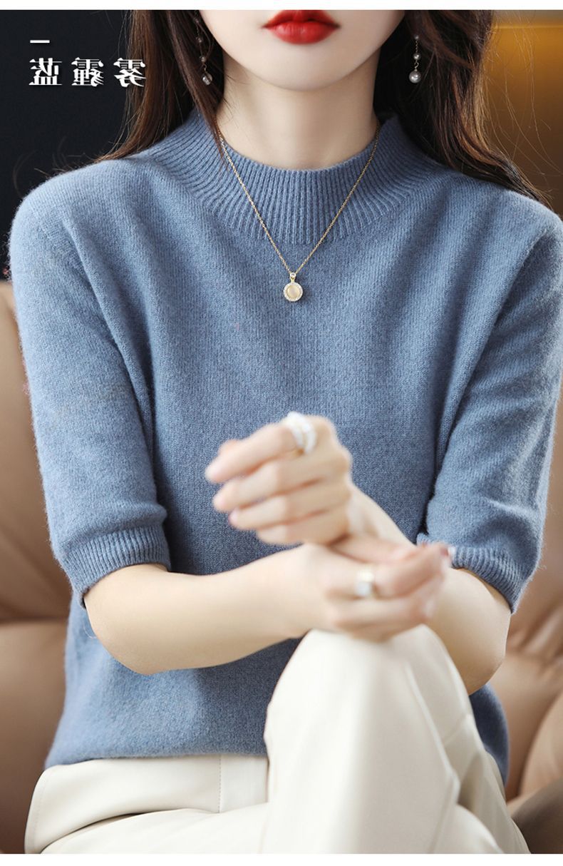 A semi-high-neck casual knitted sweater for women in spring 2023, in a solid color, paired with a half-sleeved base layer sweater T-shirt pic 20