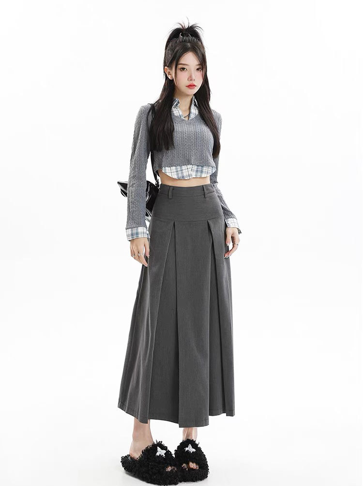 灰色百搭通勤高腰百褶半身裙女2025年春秋季宽松遮跨显瘦A字伞裙详情29