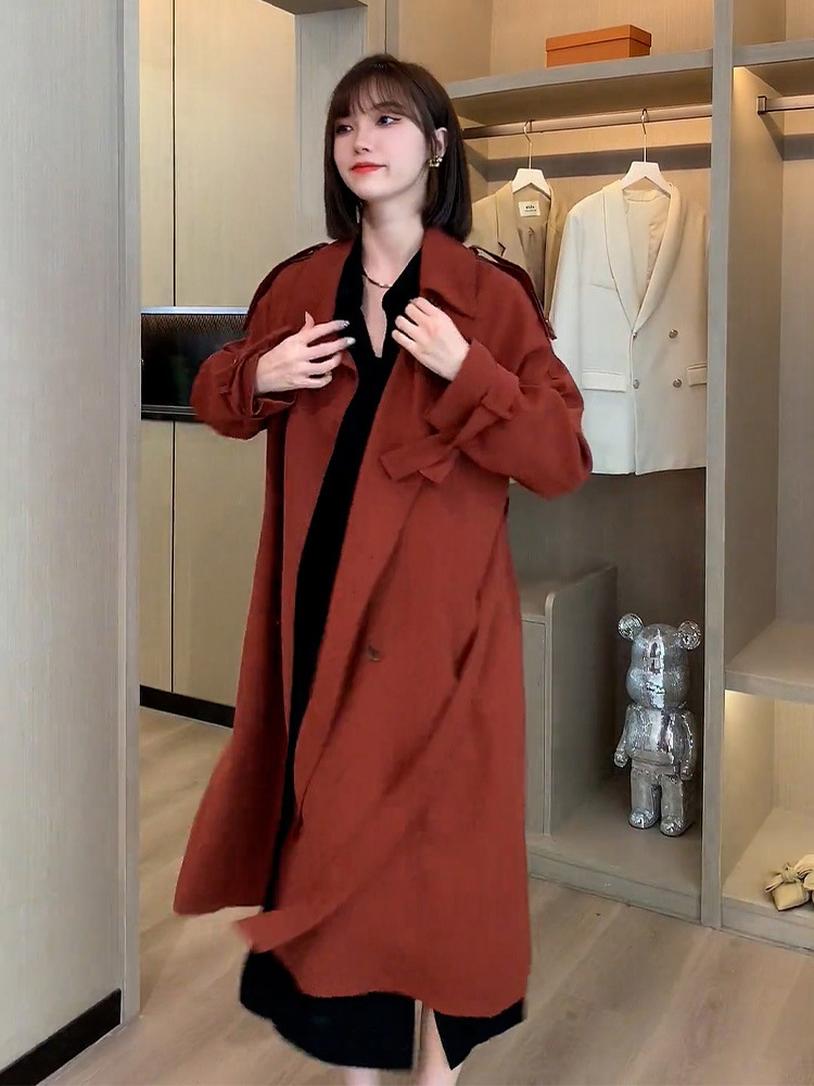 韩系风格枫叶红中长款风衣女装2024春秋新款高级感小众外套女春秋详情8