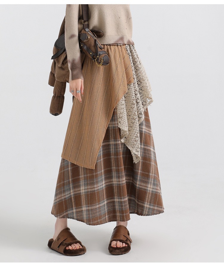 Forest-themed retro checkered skirt for women 2025 new autumn and winter design, irregularly pieced high-waisted A-line long dress pic 33