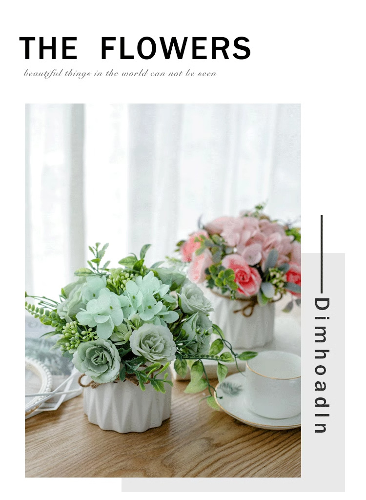 北欧仿真花套装陶瓷麻绳花瓶玫瑰花 仿真植物盆栽家居装饰假花盆详情2