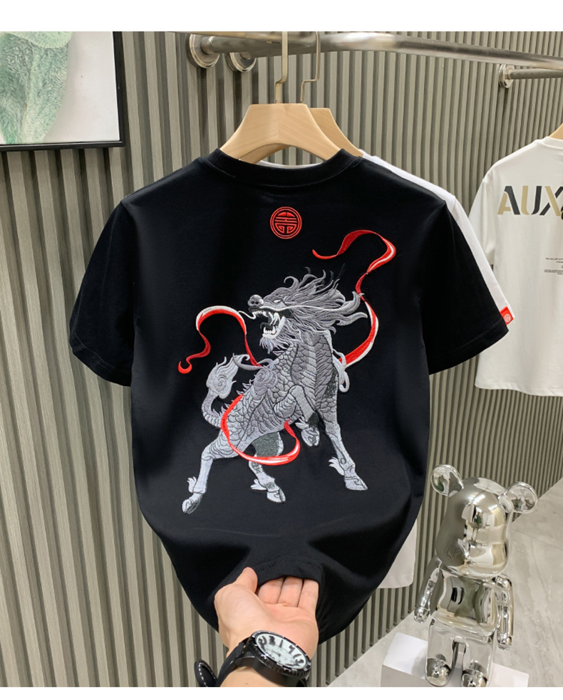 The new short-sleeved T-shirt for men in the summer of 2024 for the European station of the streetwear brand, featuring heavy industry Qilin embroidery, is a half-sleeved shirt for young people pic 1