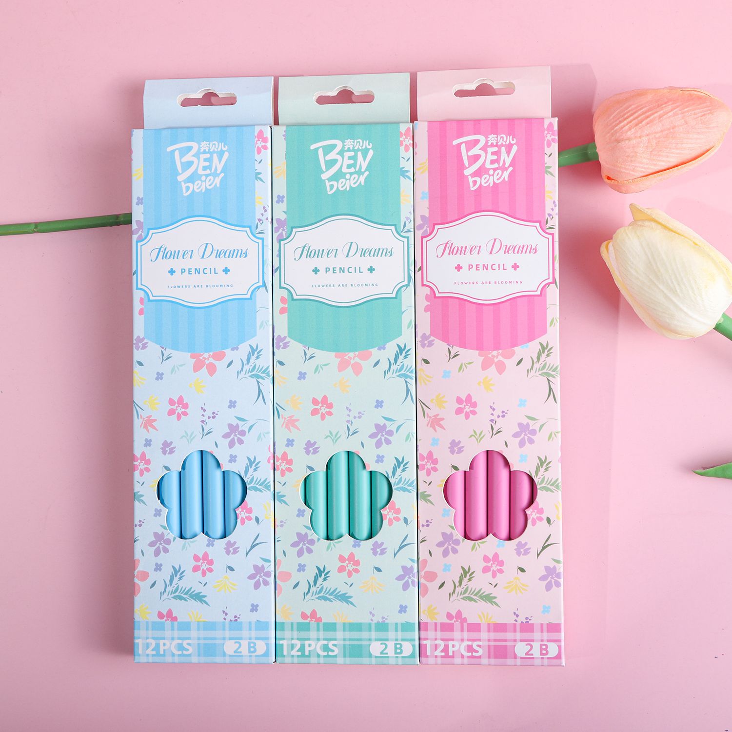 Cartoon and fresh floral print pencils, a special writing stationery for students. 12 cute 2b pencils in a box pic 12
