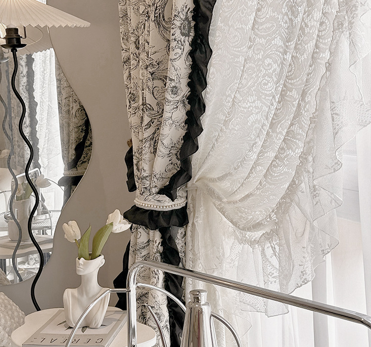 Finished product of French retro Chenille jacquard black and white American Rococo lace blackout bedroom and living room bay window pic 15