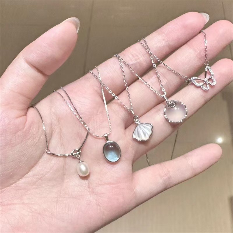 White Moonlight Five-piece set: Aquamarine design necklace pendant, moonstone, light luxury, simple and elegant, versatile necklace collarbone pic 5