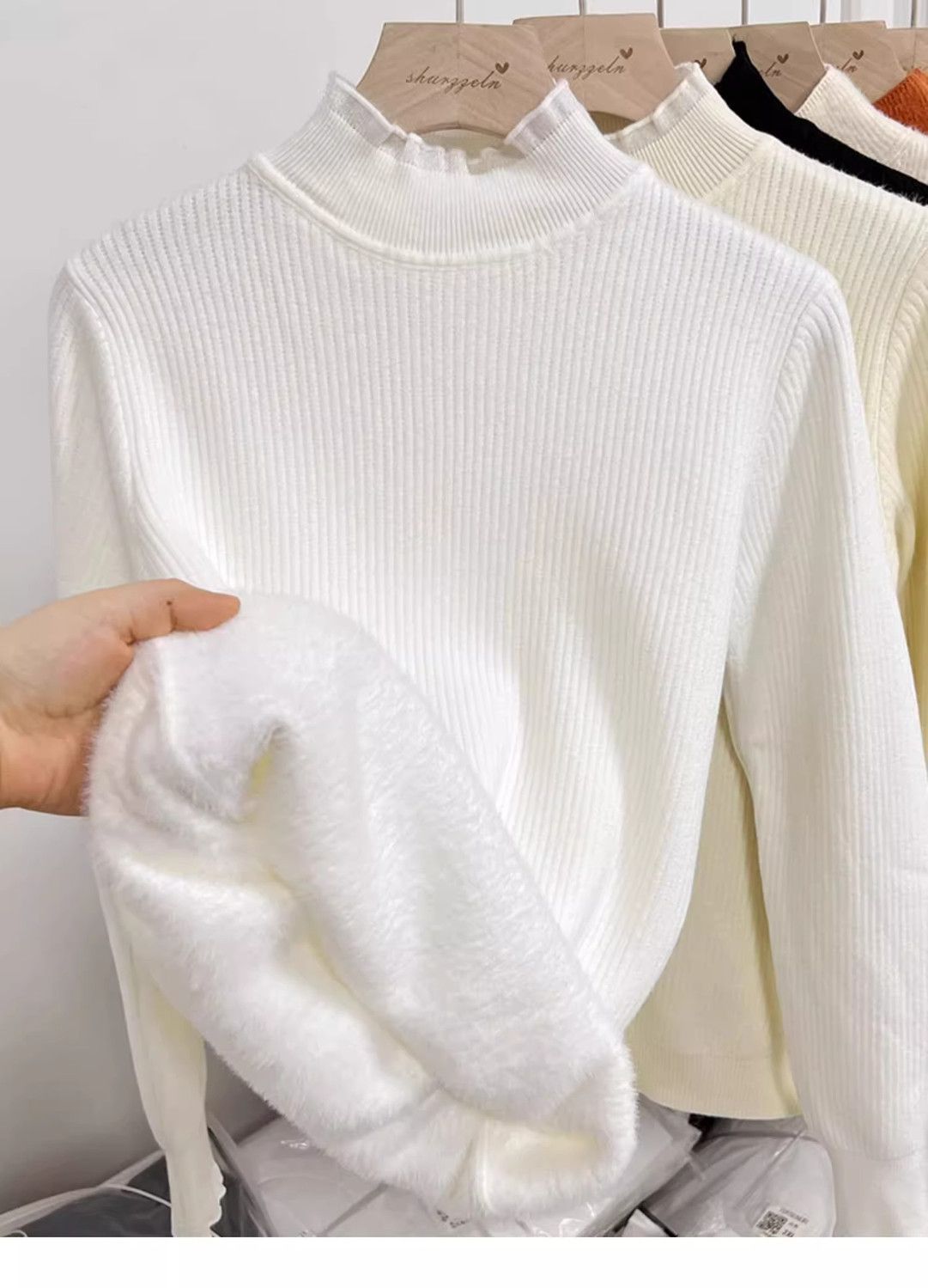 Autumn and winter semi-high neck with fleece lace one-piece fleece thickening 2024 new style black fungus knitted sweater base top sweater for women pic 8