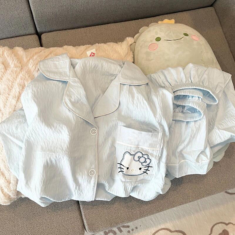 蓝色睡衣女款云朵棉短袖短裤两件套卡通可爱学生休闲家居服详情1