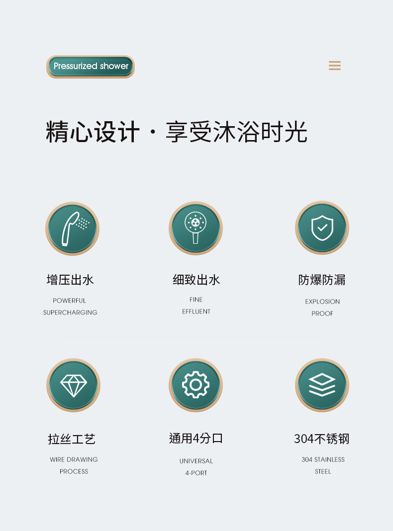 Source factory bathroom 304 stainless steel Small Waist pressurized high-pressure showerhead with hose set, shower head pic 4