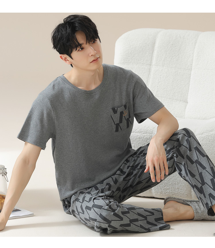 Summer pure cotton pajamas for men, cartoon casual short-sleeved shirts and long pants, pure cotton comfortable home wear, summer youth student set pic 95