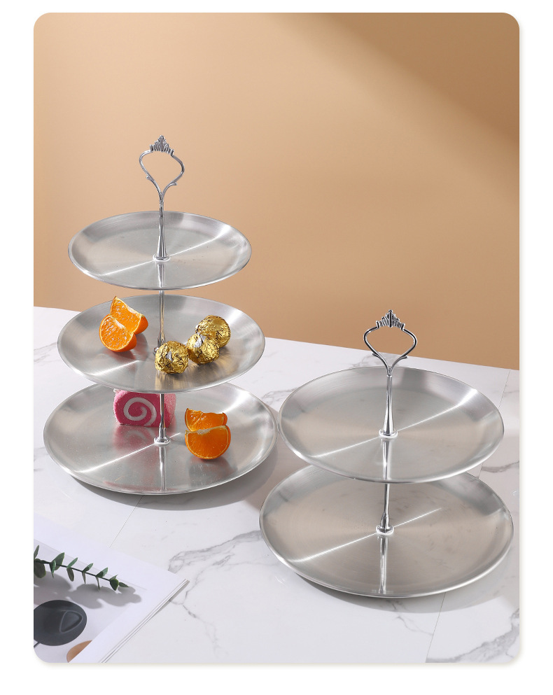 跨境不锈钢水果盘三层蛋糕点心托盘轻奢零食干果盘婚礼摆台展示架详情18